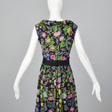 1970s Black Floral Maxi Dress