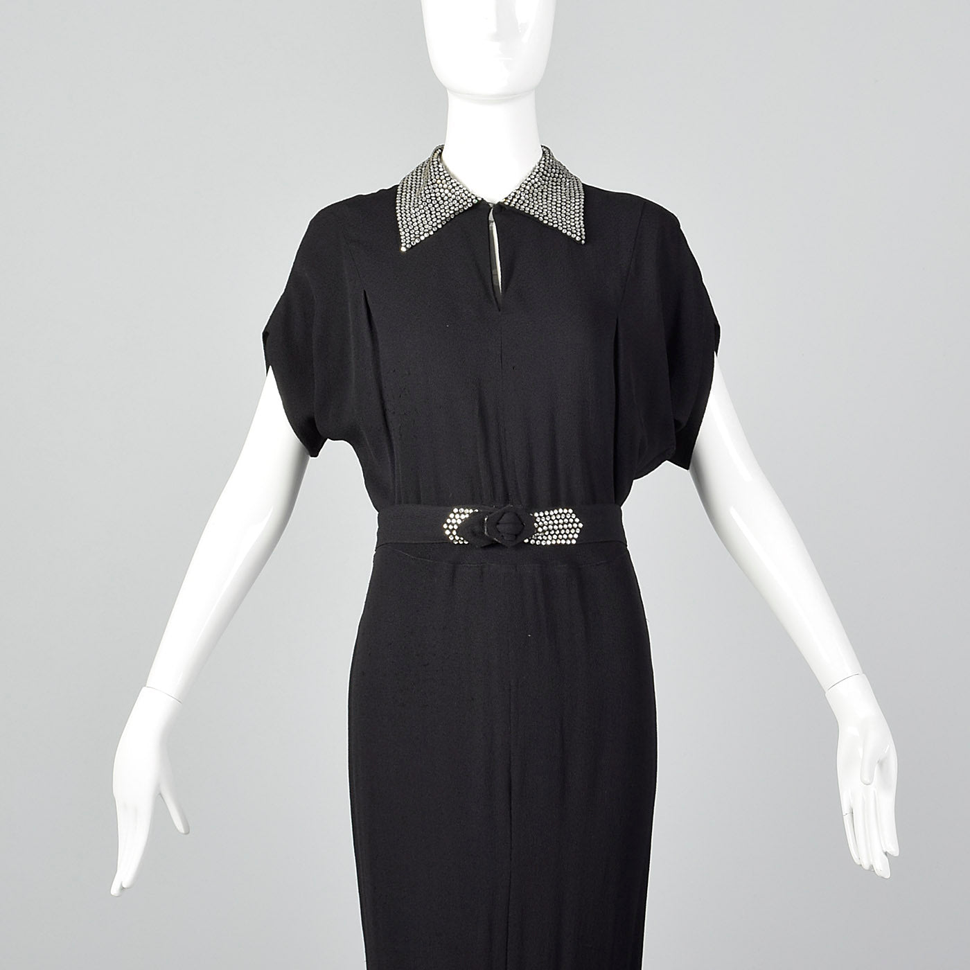 1940s Black Rayon Dress with Rhinestone Collar