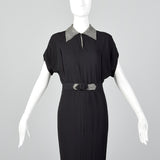 1940s Black Rayon Dress with Rhinestone Collar
