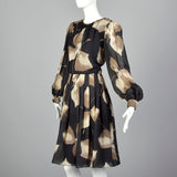 1980s Michael Novarese Tan Abstract Print Dress
