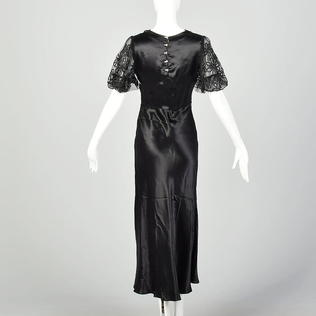 Small 1930s Black Silk Dress Bias Cut Mesh Short Sleeves