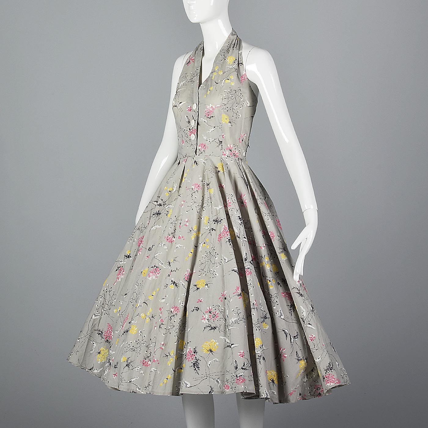 1950s Gray Floral Print Halter Dress with Full Circle Skirt
