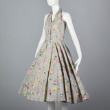 1950s Gray Floral Print Halter Dress with Full Circle Skirt