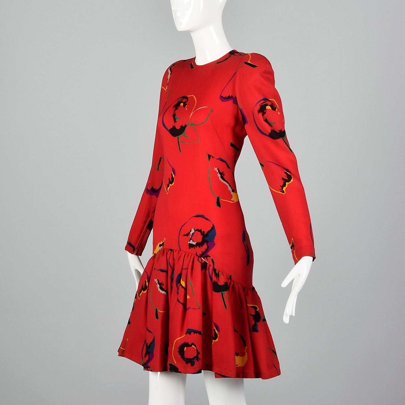 1980s Pauline Trigere Long Sleeve Red Dress