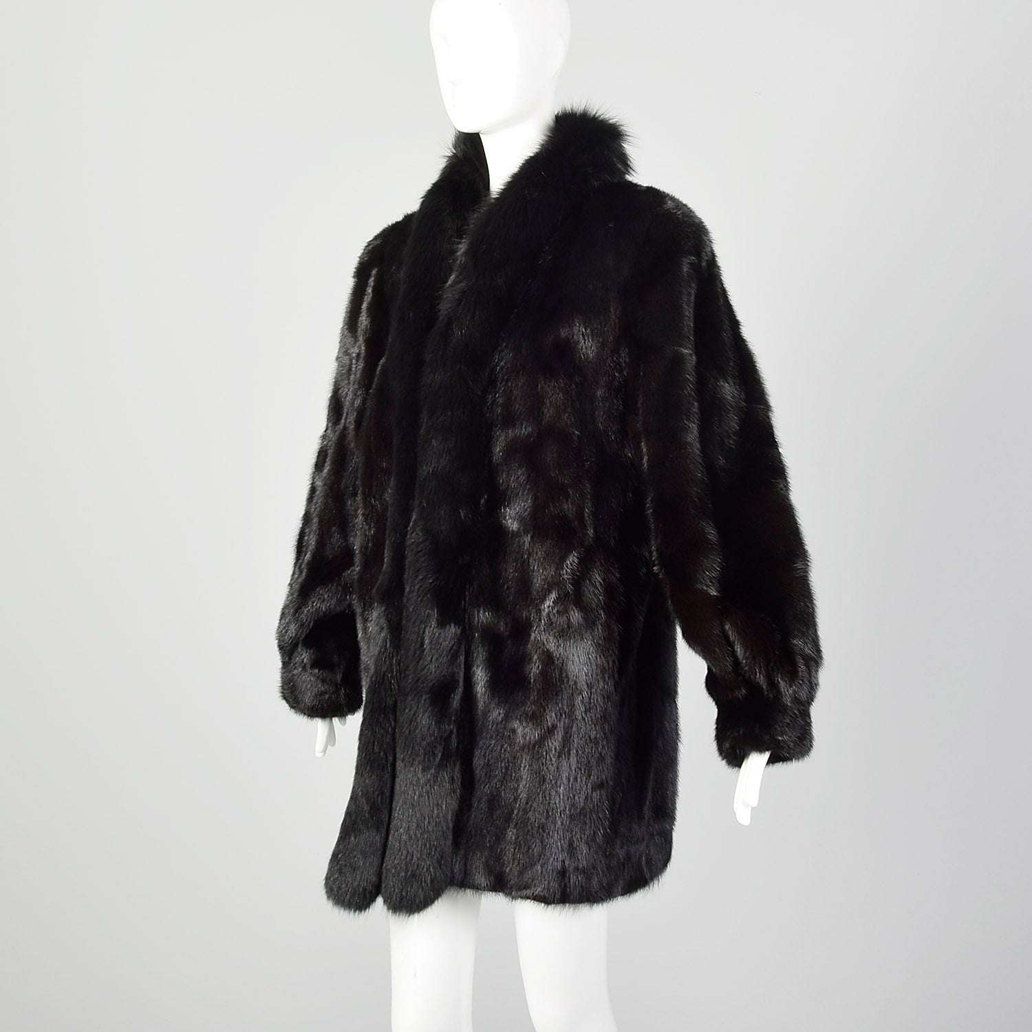 Large 1980s Black Mink Coat with Fox Fur Lapel
