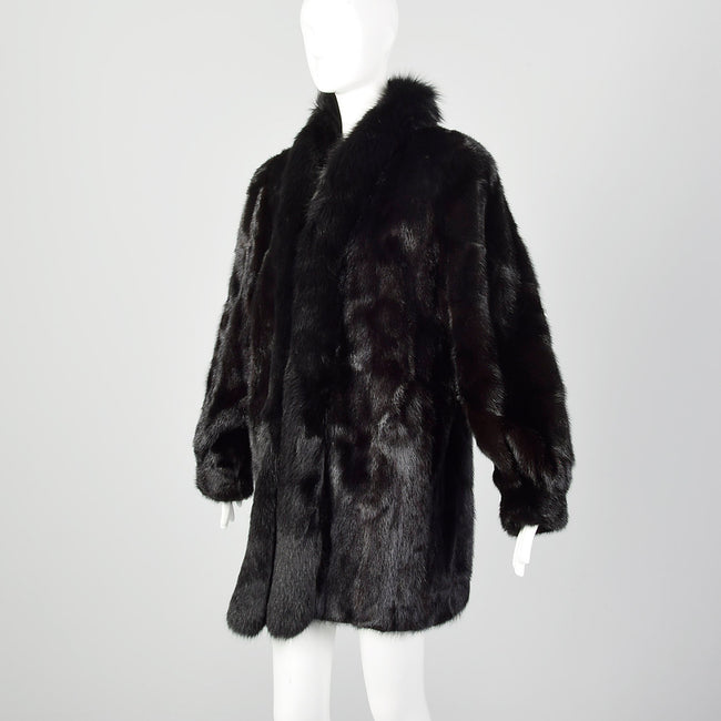 Large 1980s Black Mink Coat with Fox Fur Lapel