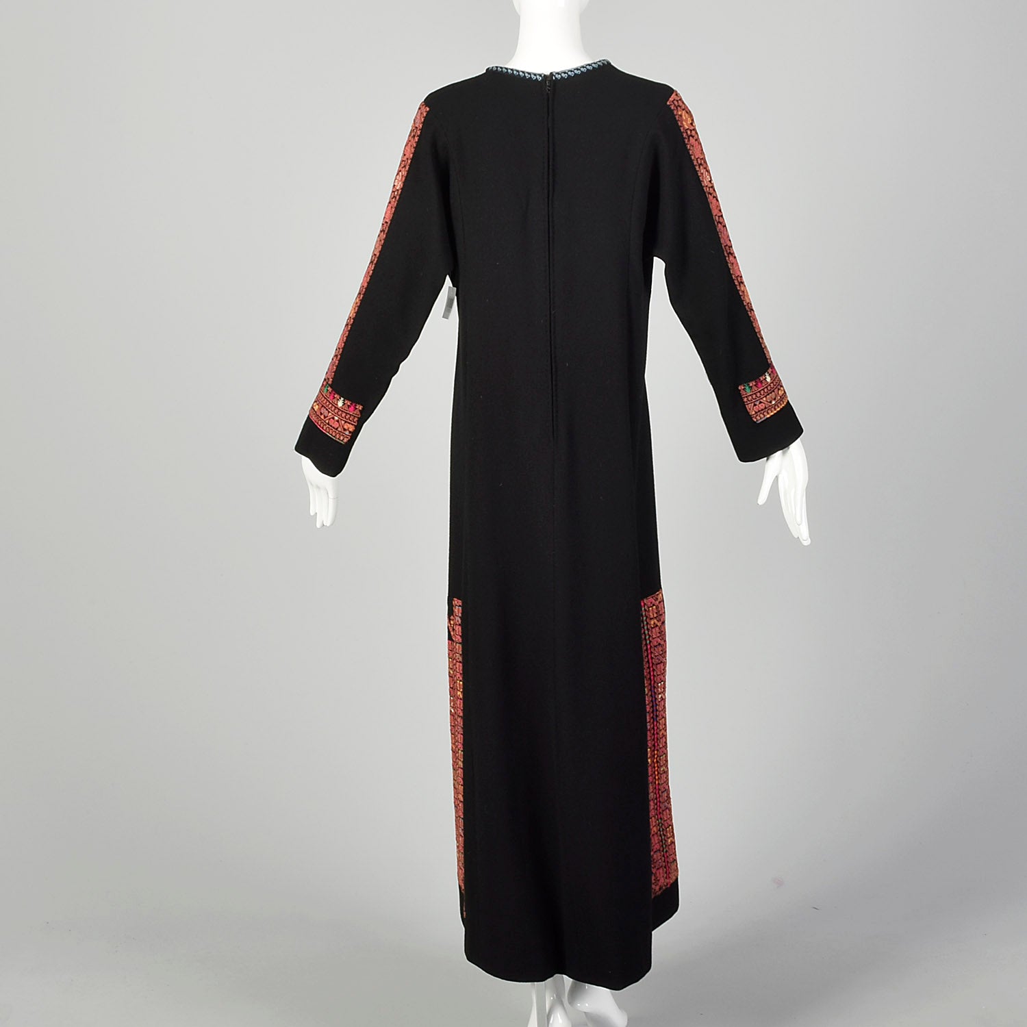 XL 1970s Neiman Marcus Black Dress Wool Embroidered Kaftan