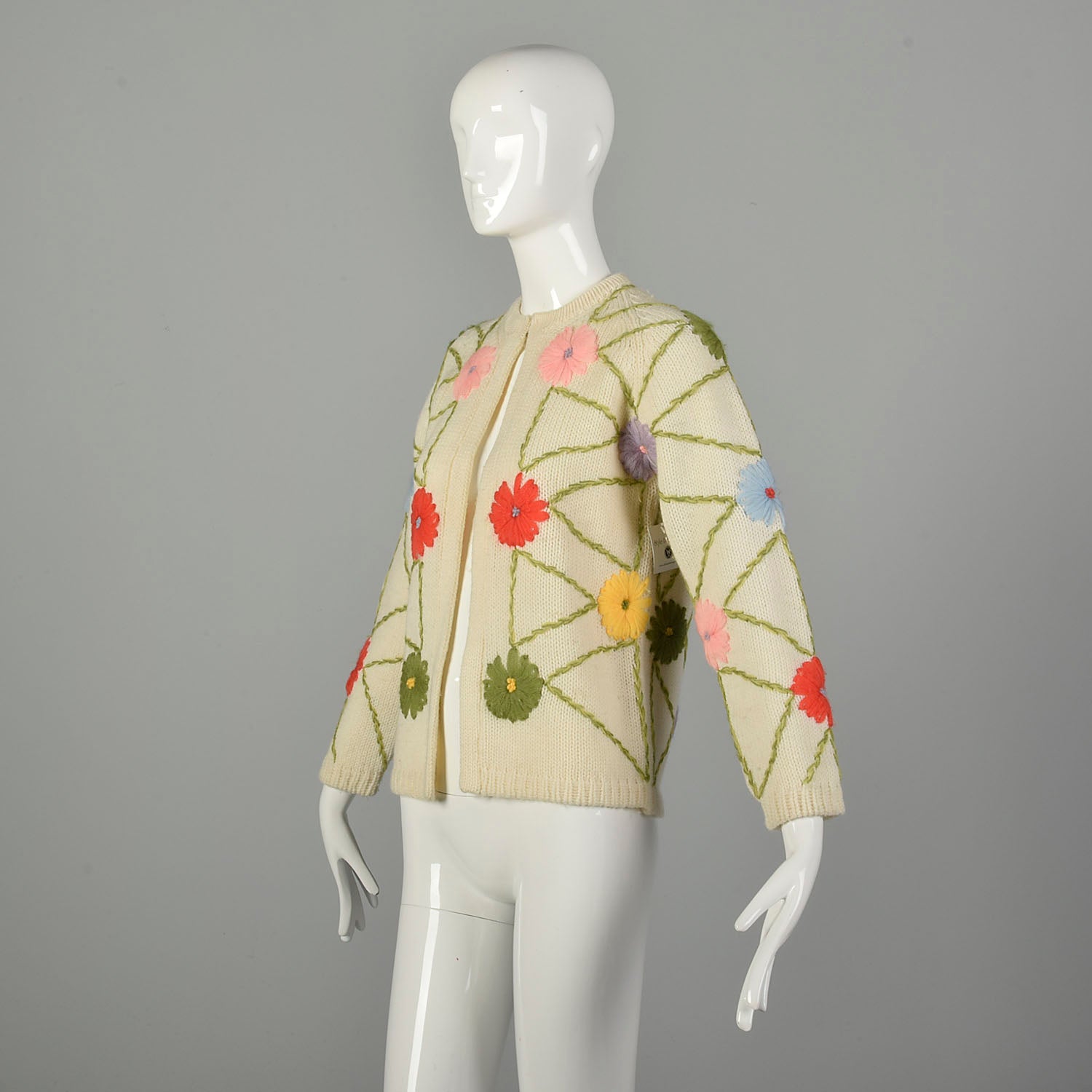 Small 1960s Embroidered Cardigan Sweater Colorful Flowers On Off-White Knit