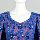 XL 1980s Mike Benet Formals Blue Sequin Lace Pageant Prom Formal Dress