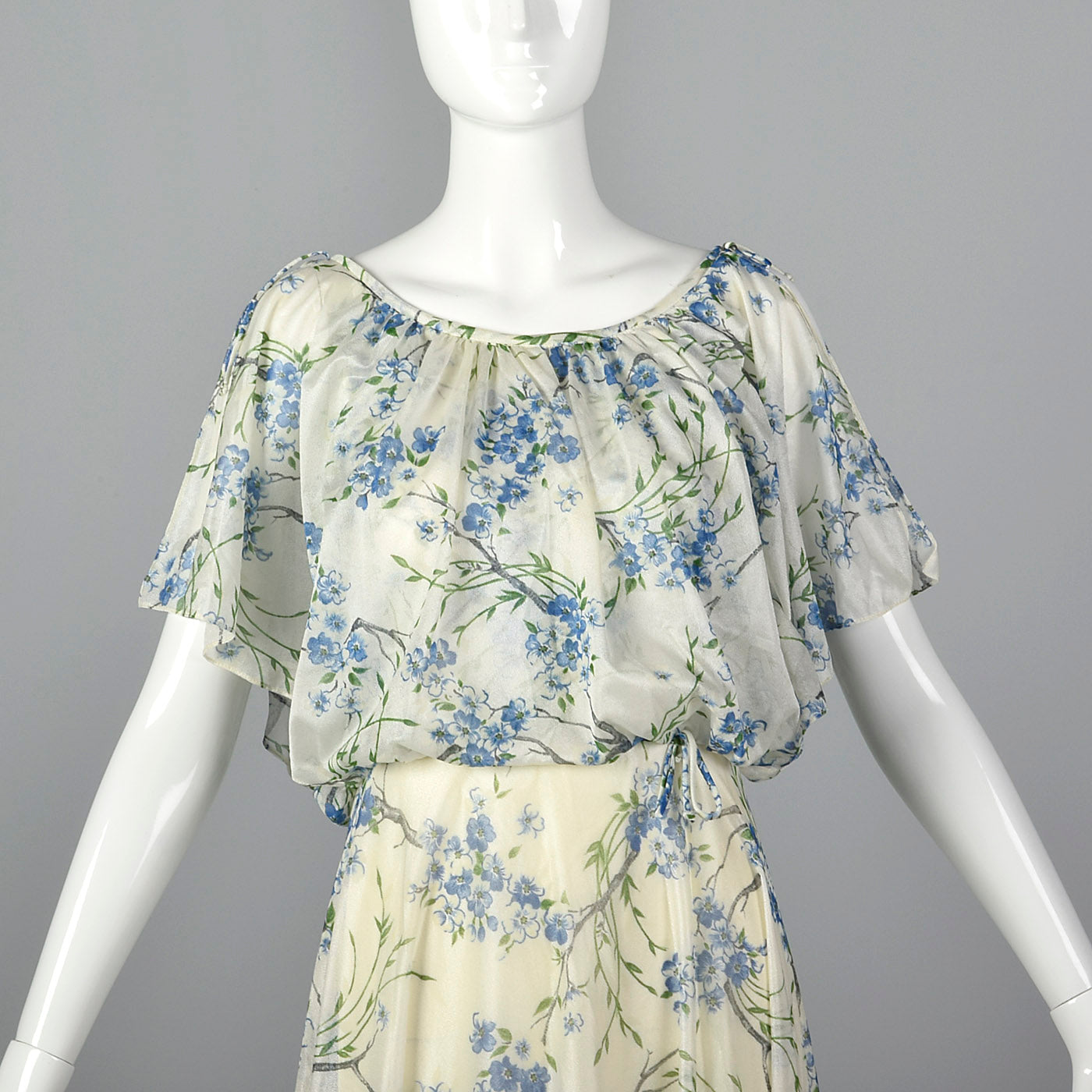 1970s Blue Floral Maxi Dress with Cold Shoulders