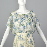 1970s Blue Floral Maxi Dress with Cold Shoulders