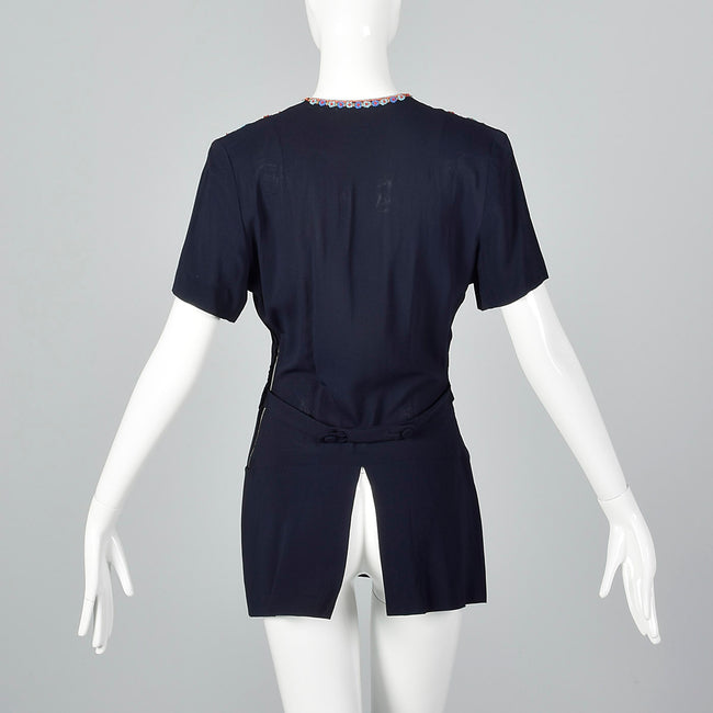 1940s Navy Peplum Top with Beaded Neckline