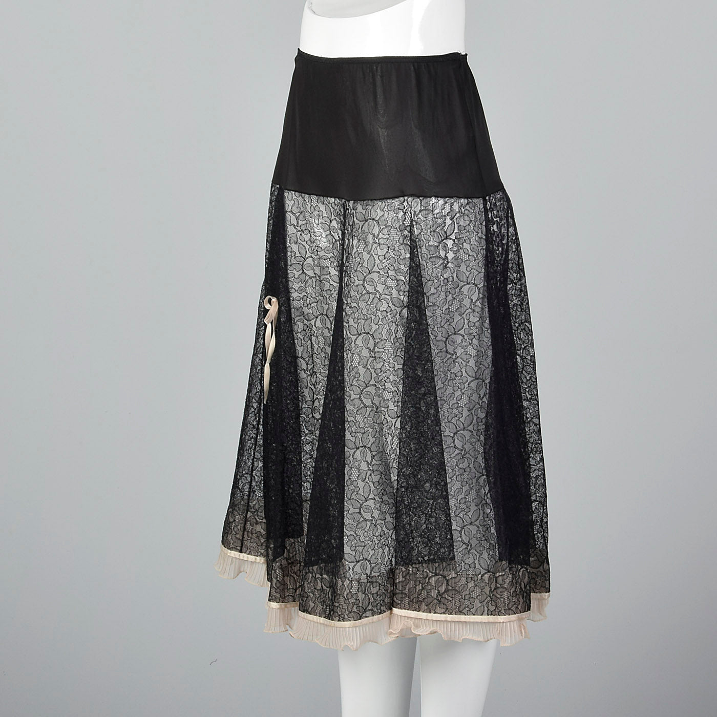 1950s Sheer Black Lace Half Slip with Pink Crystal Pleats