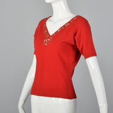 1950s Red Sweater with Metal Thread Trim