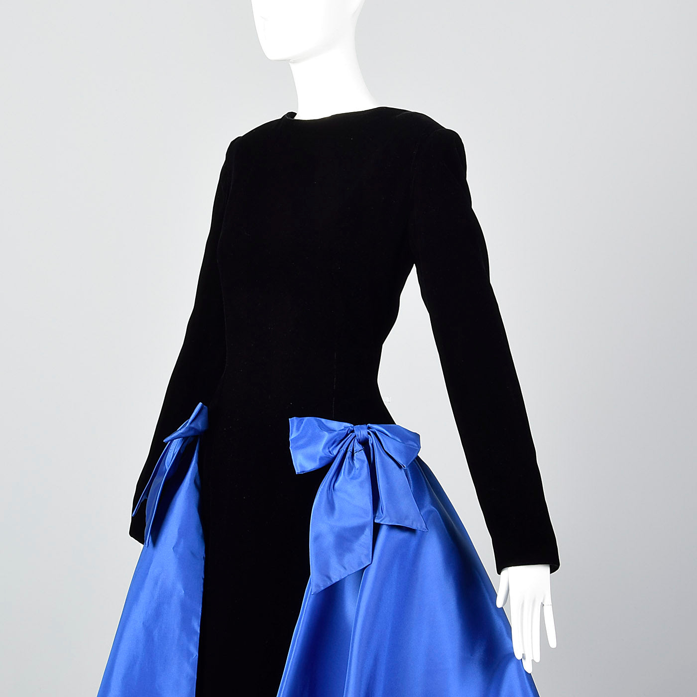Pilar Rossi Unique Black Velvet Gown with Dramatic Blue Taffeta Peplum