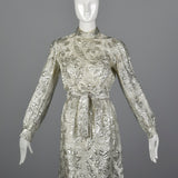 1970s Silver Brocade Maxi Dress with Matching Maxi Vest