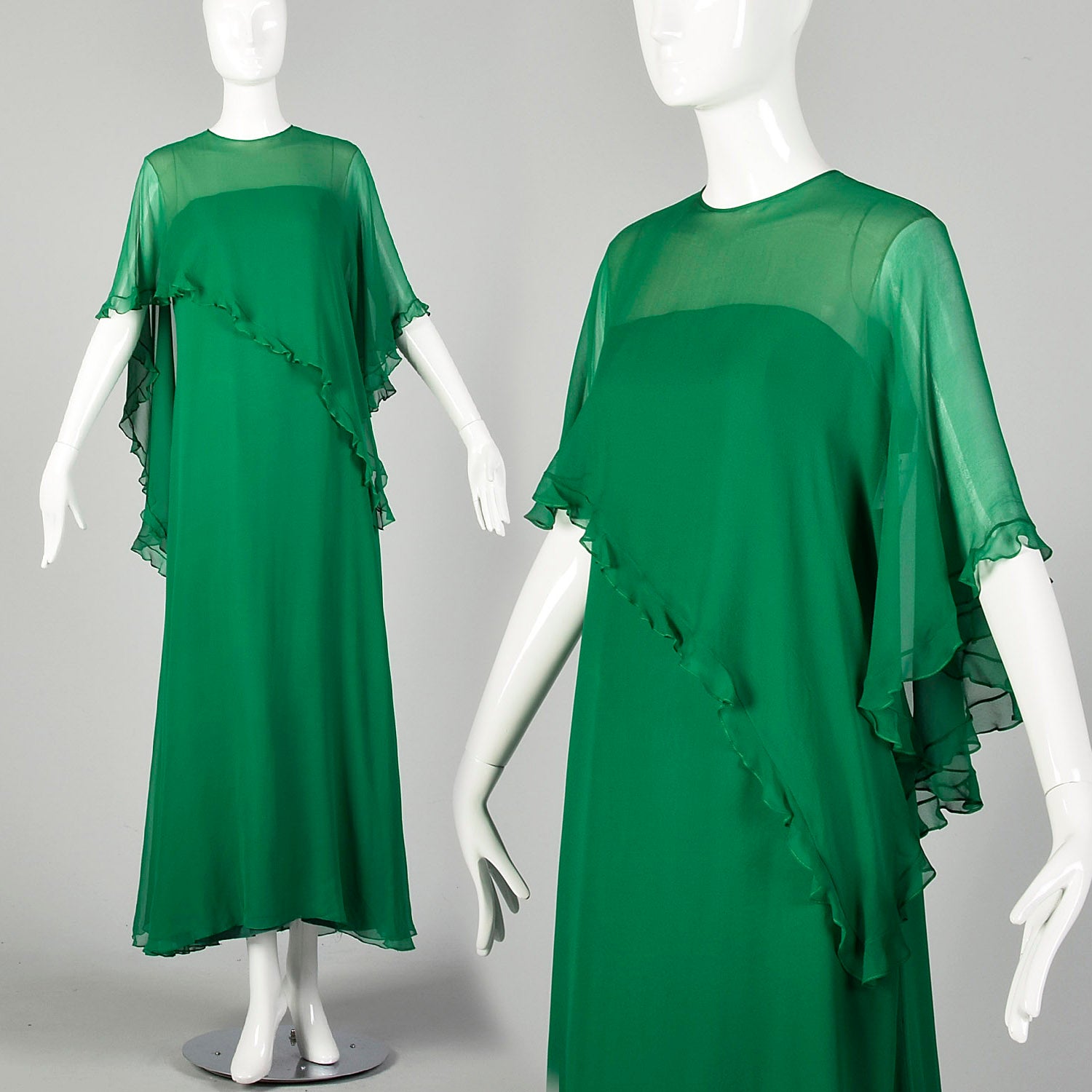 Medium 1970s Mollie Parnis Green Evening Gown Formal Maxi Dress Cape
