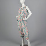 1980s Sage Green Jumpsuit with Pastel Floral Print