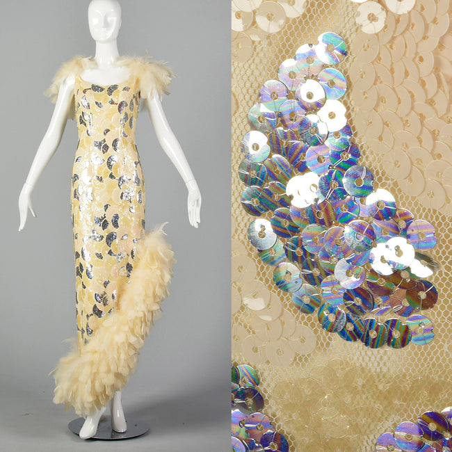 XS 1980s Sequin Formal Gown with Feather Trim
