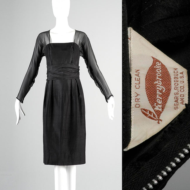 1960s Black Silk Dress with Sheer Overlay
