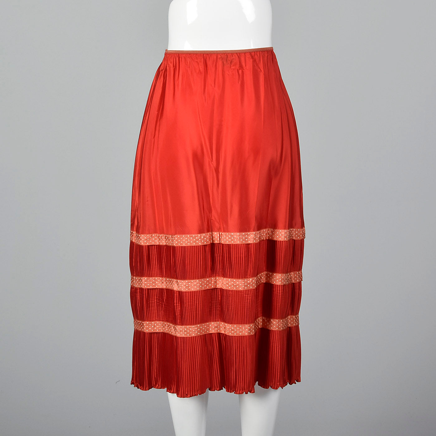 1950s Red Taffeta Half Slip with Crystal Pleats and Polka Dot Ribbon