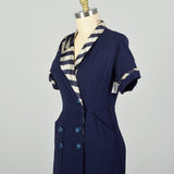 Large 1950s Asymmetric Dress Navy Striped Collar Day Dress Summer Casual