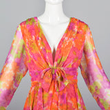 1970s Pink Floral Long Sleeve Maxi Dress