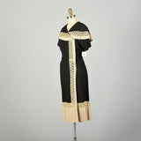 Large 1950s Wrap Dress Asymmetric Cape Collar Black Cream Applique