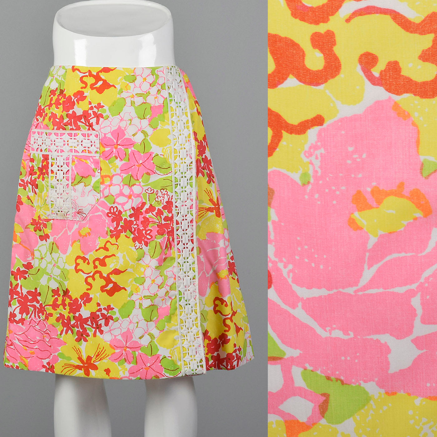 1970s Lilly Pulitzer Colorful Print Faux Wrap Mini Skirt