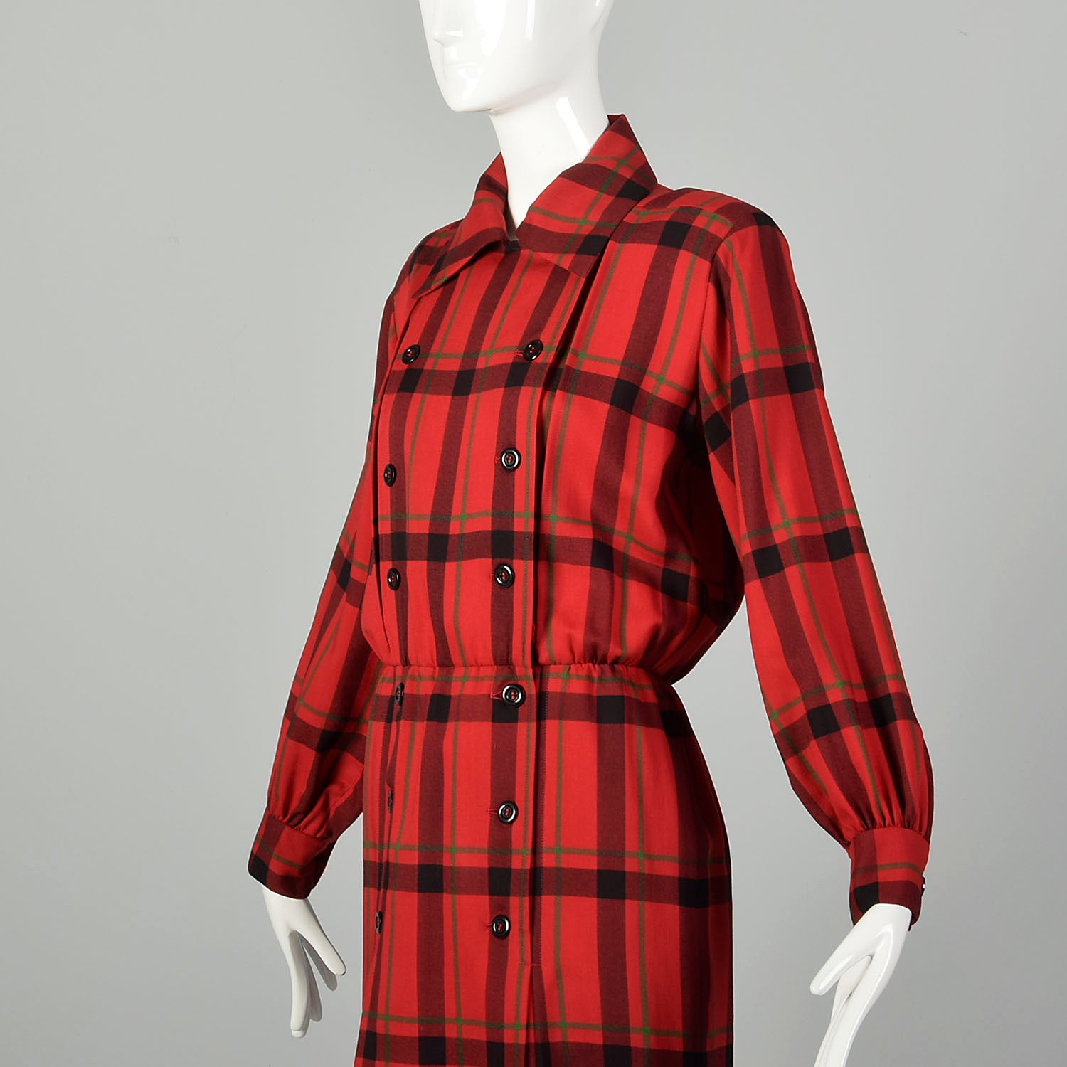 Small 1970s Yves Saint Laurent Rive Gauche Red Plaid Dress Double Breasted Long Sleeves