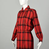 Small 1970s Yves Saint Laurent Rive Gauche Red Plaid Dress Double Breasted Long Sleeves
