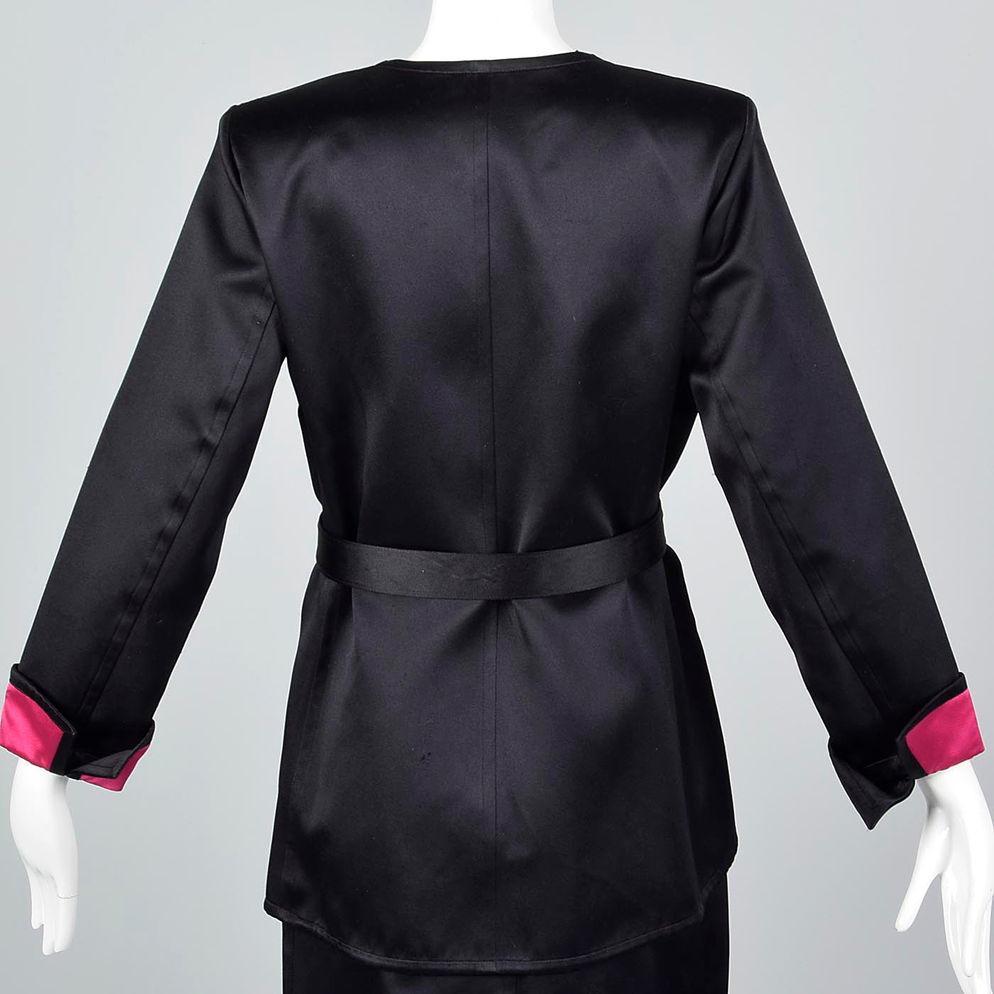 Yves Saint Laurent Rive Gauche Black Satin Satin Skirt Suit with Hot Pink Lining