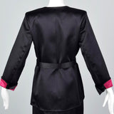 Yves Saint Laurent Rive Gauche Black Satin Satin Skirt Suit with Hot Pink Lining