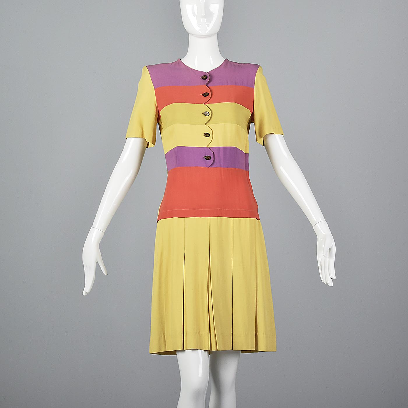 1930s Yellow Rayon Day Dress with Striped Bodice