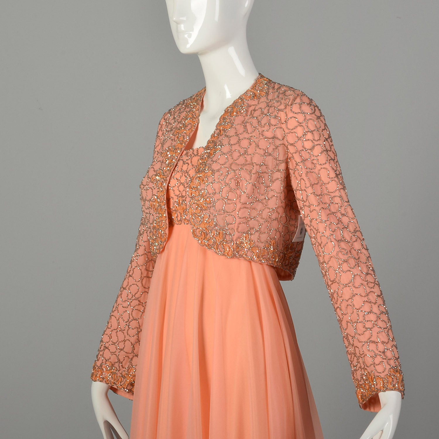 Small 1970s Mike Benet Set 2pc Orange Beaded Jacket Modest Maxi Prom Dress Formal Gown
