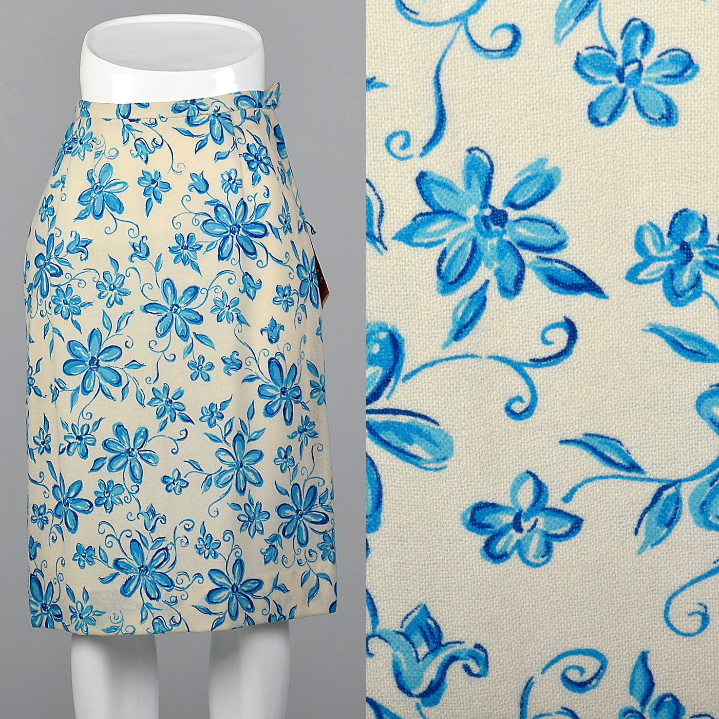 1960s Blue Floral Pencil Skirt