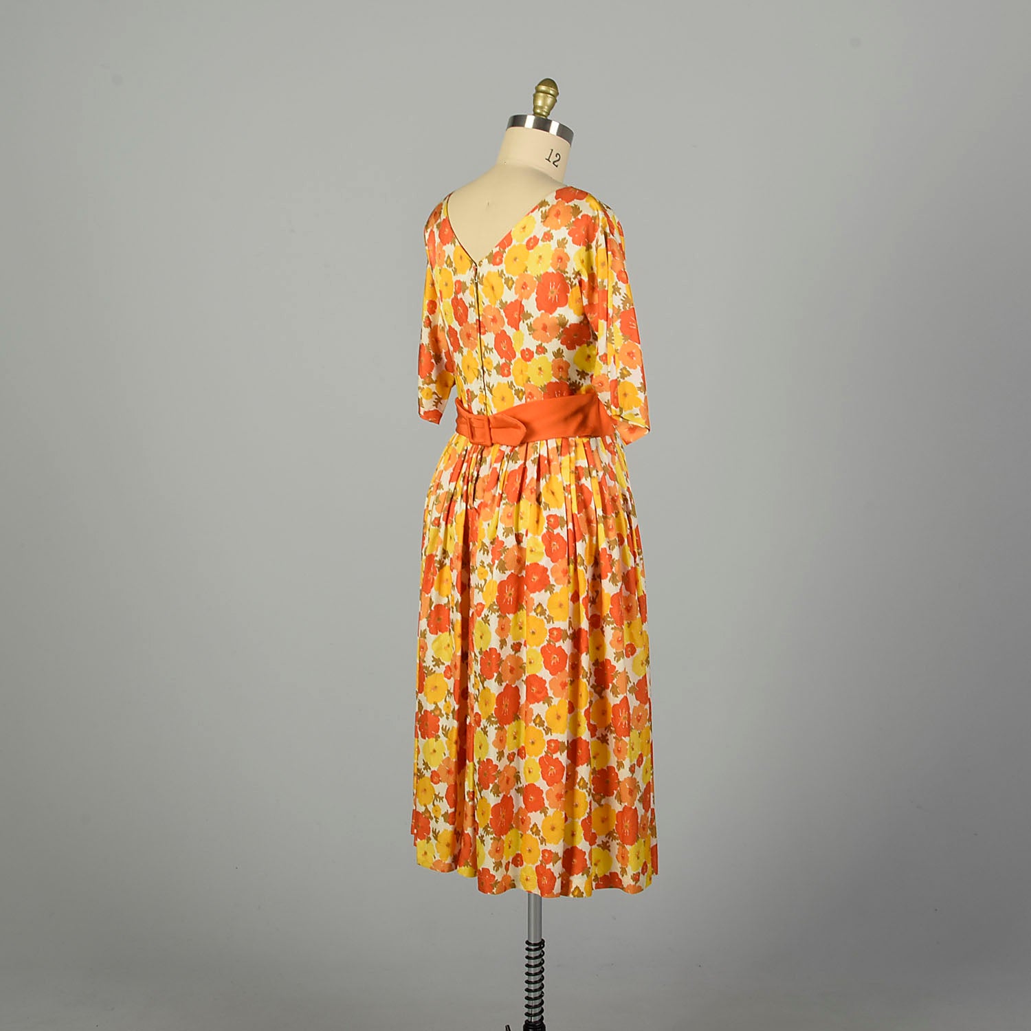 Large 1950s Dress Orange Floral Bright Colorful Fit and Flare Swing