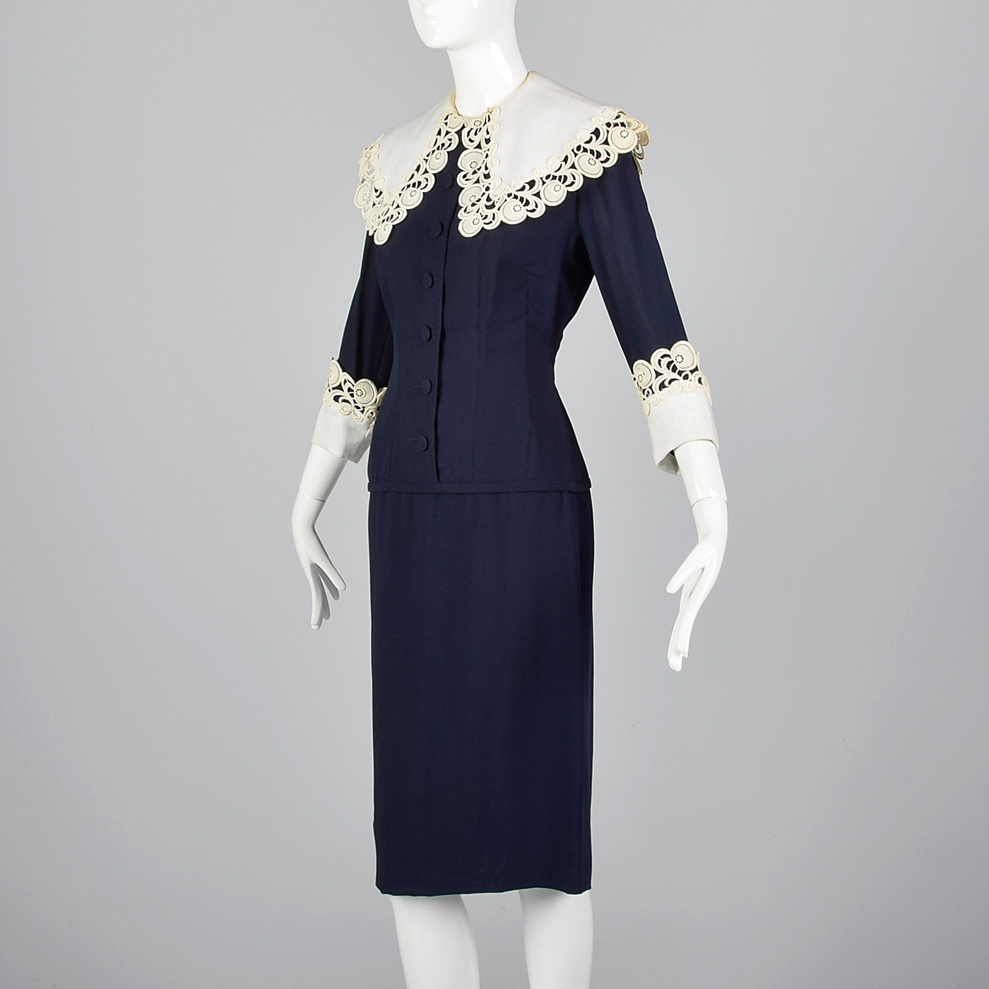 1950s Navy Blue Dress with Large Collar and Cuffs