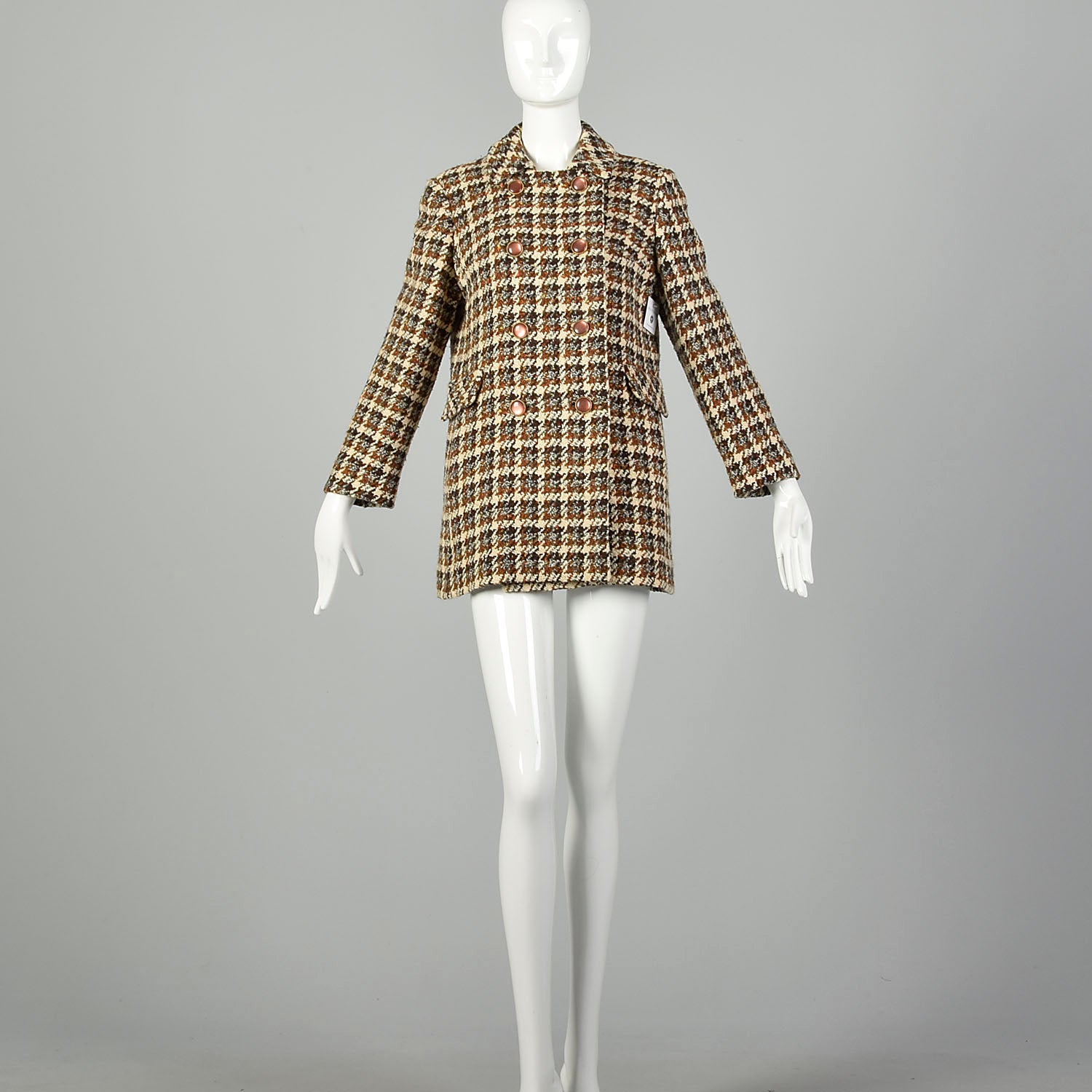 Small 1960s Tweed Coat Plaid Woven Winter Car Coat Mod Double Breasted