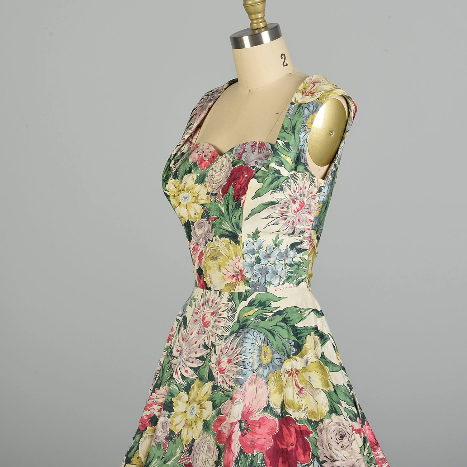 Small 1950s Alix of Miami Sleeveless Cotton Summer Fit & Flare Floral Print Day Dress