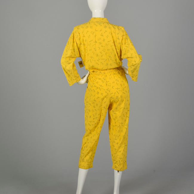 Small Yellow Jumpsuit 1980s Bright Cotton Bold Novelty Print Capri
