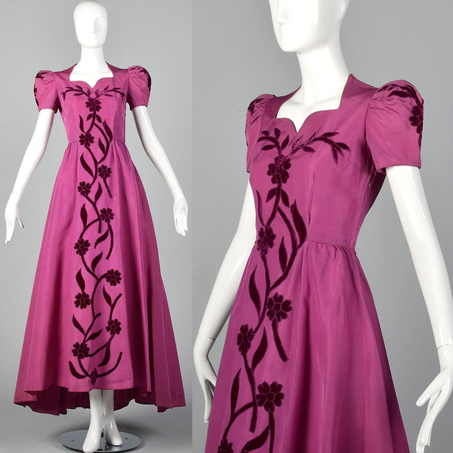 1940s Pink Taffeta Gown with Velvet Applique