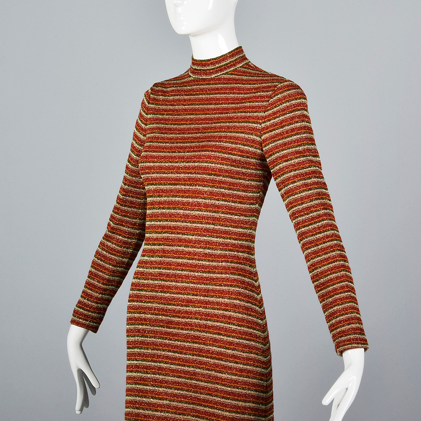 1970s Mollie Parnis Boutique Metallic Stripe Knit Maxi Dress