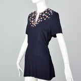 1940s Navy Peplum Top with Beaded Neckline