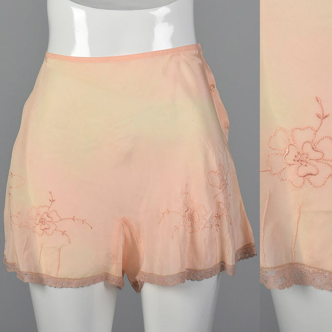 1930s Pink Slip Shorts with Floral Embroidery