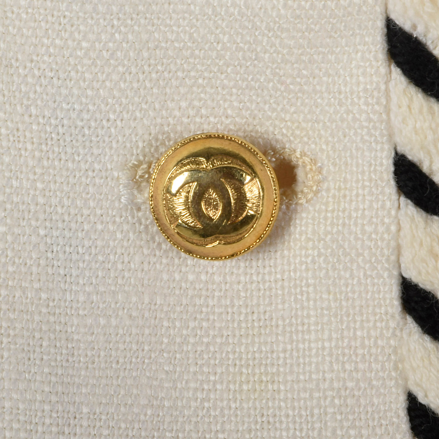 Chanel White Linen Jacket with Gold Logo Buttons and Black & White Trim