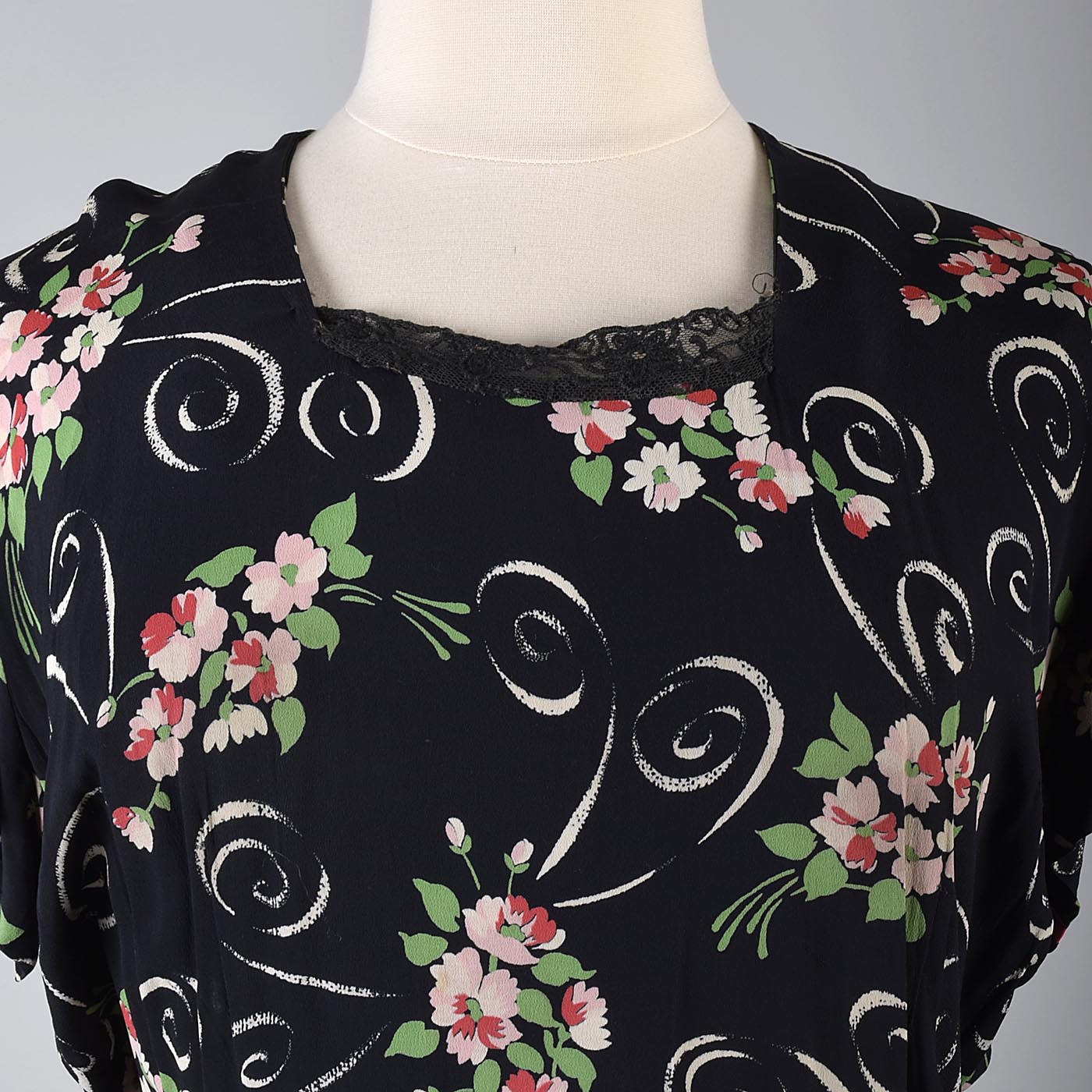 1940s Black Rayon Dress with Floral Print and Hip Sash
