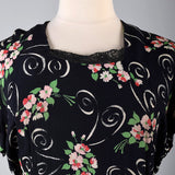 1940s Black Rayon Dress with Floral Print and Hip Sash