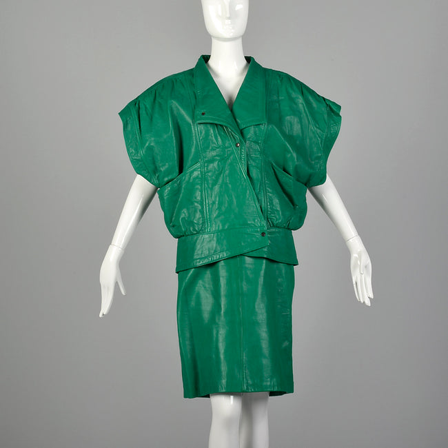 Medium Michael Hoban for North Beach Leather 1980s Green Leather Skirt Set