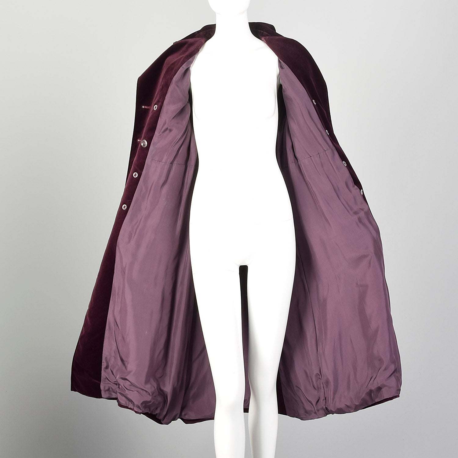 XS 1970s Coat Burgundy Plum Velvet Double Breasted Winter Belted Trench Coat